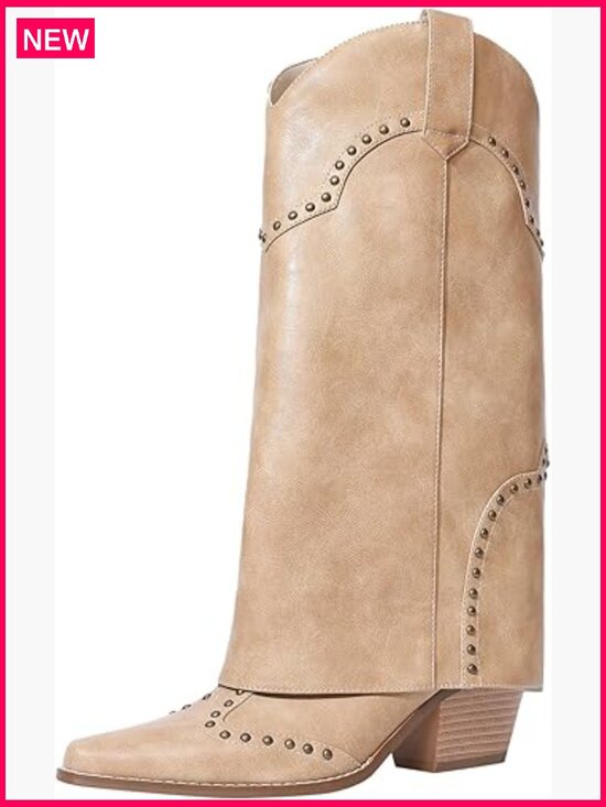 Shoes - Knee High Pull On Boots Chunky Heel Snip Toe Studded Faux Leather
